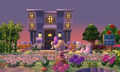 the animal crossing game has many flowers and plants in front of it, including roses