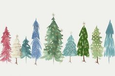 there are many different colored trees in the row on this white background, and one is drawn with watercolors