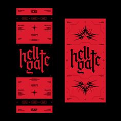 two red and black posters with the words hellgate on them