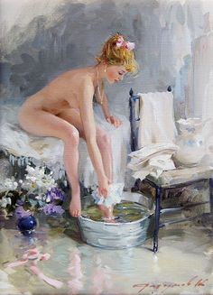 a painting of a naked woman washing her hands