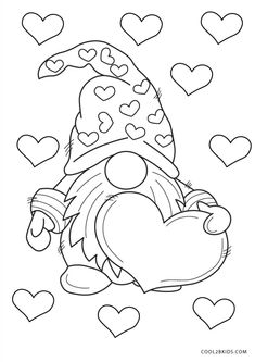 a cartoon gnome with hearts in the background