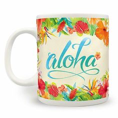 a coffee mug with the word aloha on it and colorful flowers around it