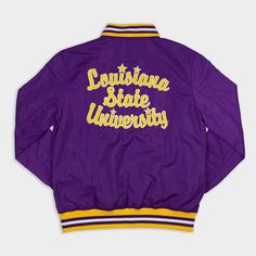 the back of a purple jacket with yellow lettering that reads,'louisiana state university '