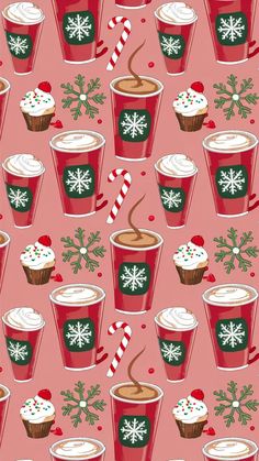 coffee cups with whipped cream and candy canes are on a pink background, surrounded by snowflakes