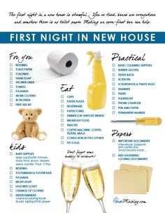 the first night in new house checklist is filled with champagne, toiletries and other items