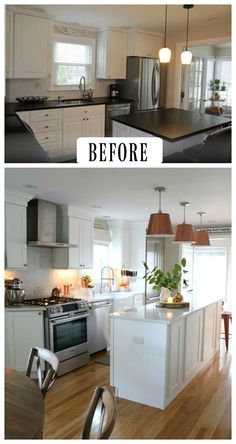 before and after pictures of a kitchen remodel with white cabinets, stainless steel appliances