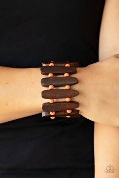 Pairs of Burnt Orange wooden beads and oblong brown wooden frames alternate along stretchy bands around the wrist for a seasonal pop of color. Sold as one individual bracelet. Sliding Knot Closure, Stretchy Beaded Bracelet, Orange Bracelet, Brown Bracelet, Wooden Bracelet, Cats Eye Stone, Wood Bracelet, Light Brown Leather, Paparazzi Accessories