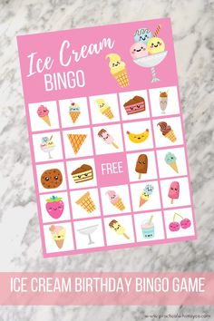 an ice cream birthday party game on a marble table with text overlay that says ice cream bingo