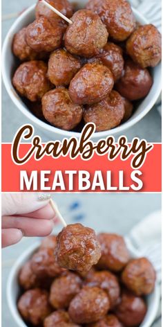 cranberry meatballs in a white bowl with toothpicks sticking out of them