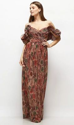 Shop this Step into a world of rustic glam with this breathtaking pleated metallic maxi dress, adorned with a harvest floral print in rich autumnal tones. The dress features a swanky pleated texture and a draped surplice bodice that effortlessly captures attention. Slide the convertible ruffle-edge straps off-the-shoulder for some serious allure, or keep 'em on for a super romantic feel. The shirred column skirt flows beautifully to the floor for a perfect finish. Ideal for any premier event or as a standout bridesmaid dress, this shimmering earth-toned floral pleated dress embodies A-list elegance. Dessy Collection, Column Skirt, Rustic Glam, Maxi Bridesmaid Dresses, Red Carpet Looks, Popular Style, Pleated Dress, Bridesmaid Dress, Mother Of The Bride