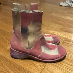 Chanel Pink Cream Purple Yellow Watercolor Chelsea Boot. Very Good Condition Only Shows Wear On Bottom Of Shoes. Has Approx 2” Heel And Small (1/4”-1/2”) Platform. Slip On Design With Cc Logo On Top Outside Of Each Boot. Size 38 Fitting Like A 7 - 7 1/2. Does Not Come With Box Or Dust Bags High-top Pink Boots With Lug Sole, Pink High-top Boots With Lug Sole, Pink Casual Boots Medium Width, Casual Pink Boots Medium Width, Casual Pink Medium Width Boots, Pink Round Toe Boots, Casual Pink Boots With Reinforced Heel, Pink Leather Sole Round Toe Boots, Pink Round Toe Boots With Leather Sole