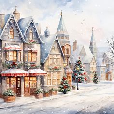 a painting of a snowy town with christmas decorations