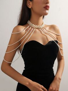 1pc Exquisite & Elegant Women's White Faux Pearl Handmade Woven Body Chain, Perfect For Party Or Fashion Show Gift White    Fabric    All Wedding & Event, size features are:Bust: ,Length: ,Sleeve Length: Bead Body Chain, Clothes With Chains, White And Gold Jewelry, Pearl Clothes, Skirt Jewelry, Pearl Body Chain, Chain Ideas, Shoulder Jewelry, Shoulder Necklace