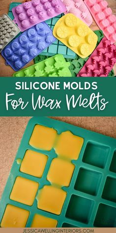 an ice tray filled with lego molds for wax melts and the words, silcone molds for wax melts