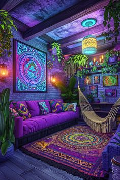 a living room filled with lots of purple furniture