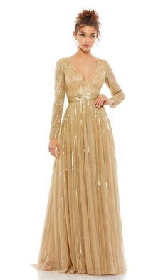 Long a-line sequin formal dress with v-neckline and long sleeves Long Sleeve Evening Gowns, Mac Duggal Dresses, Long Sleeve Sequin, Sequin Gown, Prom Girl, Mac Duggal, Gowns With Sleeves, A Line Gown, Mother Of The Groom