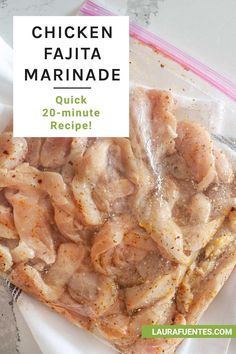 chicken fajita marinade on a white plate with text overlay that reads, chicken fajita marinade quick 20 - minute recipe