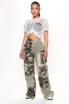 Available In Olive/combo. Cargo Pant Mid Rise Button Zipper Closure Colorblock Camo Print Wide Leg Pockets Ankle Strap Detail Stretch Disclaimer: Print Placement Will Vary 32" Inseam Self: 97% Cotton 3% Spandex Imported | Upgrade You Wide Leg Cargo Pant 31 in Olive Green size XS by Fashion Nova Camo Cargo Pants Outfit, Black Flared Jeans, Camo Outfit, Flair Jeans, Metallic Jeans, White Distressed Jeans, Camo Cargo Pants, Camo Outfits, Cargo Pants Outfit