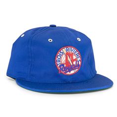 Blue Cotton Fitted Hat, Blue Cotton Snapback Fitted Hat, Sports Logo Patch Six-panel Snapback Hat, Logo Patch Snapback Hat For Baseball Season, Blue Cotton Fitted Hat With Flat Brim, Vintage Blue Cotton Trucker Hat, Retro Blue Six-panel Baseball Cap, Blue Cotton 5-panel Snapback Hat, Blue Six-panel Cotton Fitted Hat