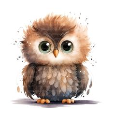 an owl with big eyes sitting on the ground in front of watercolor splashes