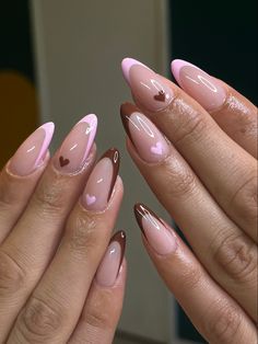 Heart Nails Pink, Pink Nails Trendy, Mixed Nails, Brown French Tip, Brown French, Nail Prep