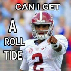 an image of a football player pointing to the sideline with text that reads, can i get a roll tide?