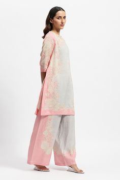 Pink rose kurta with floral lace embellishment. Paired with flared pant. - Aza Fashions Satya Paul, Paradise Found, Lace Neckline, Pink Linen, Pants Pattern, Pant Set, Set For Women, Aza Fashion, Three Quarter