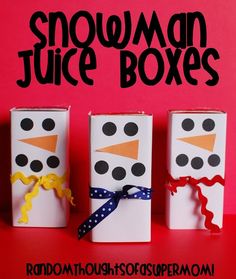 three snowman juice boxes sitting on top of a red surface with the words, snowman juice boxes