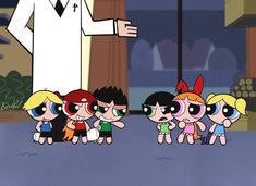 the powerpuff girls are standing in front of an adult male and female character