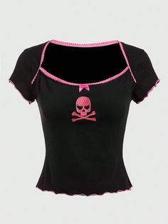 Black Casual Collar Short Sleeve Knitted Fabric Halloween  Embellished Slight Stretch  Women Clothing Skeleton Heart Cut Out Shirt, Pink Alternative Fashion, Kawaii Skull, Scene Clothes, Witchy Outfits, Clothing Templates, Vestiti Edgy, Halloween Clothes, Scene Outfits