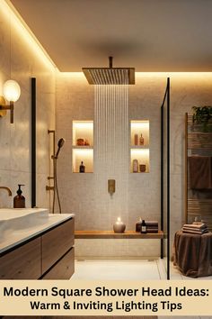 Modern square shower head featured in a minimalist bathroom with matte black fixtures and a sleek Keuco shower shelf. A luxurious rain shower system enhances the spa-like vibe, showcasing a blend of elegance and functionality for the ultimate bathroom upgrade.