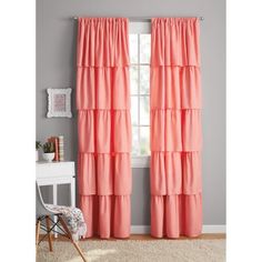 the curtains in this room are bright pink and have tiered ruffles on them