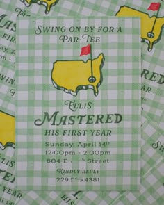 this is an image of a flyer for a golf tournament in green and white checkered paper