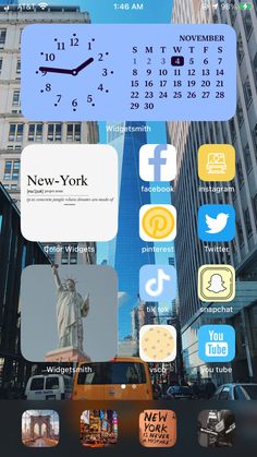 the new york city wallpaper is displayed on an iphone's screen, with many icons