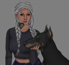 a drawing of a woman holding a dog in front of her face and wearing a black top