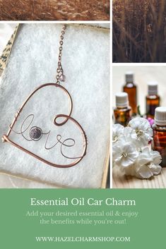 the essential oils for car charms are on display in this collage with flowers and herbs