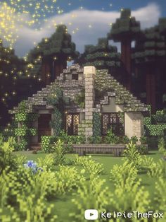 an image of a house in the middle of some bushes and trees with fireflies flying overhead