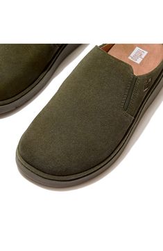 Step out in comfort with this classic suede mule with natural arch support and a particularly nice fit for average-to-wide feet. The label's patent-pending Microwobbleboard™ footbed has three levels of targeted cushioning that offer excellent 'push off' and reduced impact. 1 1/2" platform Elastic gore insets Scotchgard™ water- and stain-resistant protection Slip-resistant sole Contoured, cushioned footbed with arch support Leather upper/textile lining/rubber sole Imported American Podiatric Medi Suede Ortholite Insole Slip-ons, Everyday Suede Slip-ons With Cushioned Footbed, Casual Slip-on Slippers With Arch Support, Suede Slip-ons With Cushioned Footbed, Suede Slip-ons With Cushioned Footbed And Plain Toe, Casual Solid Color Slip-ons, Suede Cushioned Slip-ons, Casual Closed Toe Slip-ons With Suede Lining, Casual Slip-on Slippers With Suede Lining