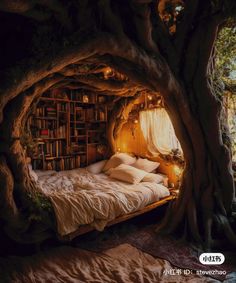 a bed in the middle of a tree with bookshelves and lights on it