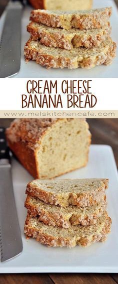 two pictures of cream cheese banana bread on a white plate with a knife and fork