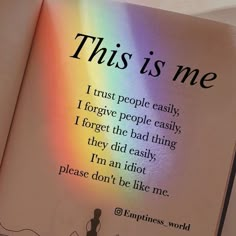 an open book with the words,'this is me i trust people easily '