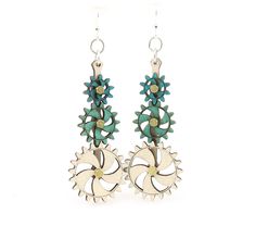 the earrings are made out of metal and have green, blue and white flowers on them