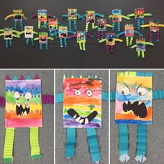 four different pictures of children's art made out of construction paper and duct tape