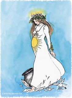 a drawing of a woman in a white dress with flowers on her head and sun above her head