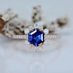 3 Carat Hexagonal Sapphire Snowflake Diamond Halo Engagement Ring. Victorian 14K Rose Gold Ring Sapphire Snowflake Ring, Engagement Ring Victorian, Hexagonal Ring, Victorian Engagement Rings, Ring Model, Sapphire Wedding Rings, Traditional Diamond, Sapphire Wedding, Colorless Diamond