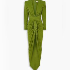 New Alexandre Vauthier Green Ruffled Rouched Crepe Maxi Dress Deep V Plunge Long Sleeve Stretch Crpe Material Front Split Made In France Clean Smoke-Free Home Brent Crepe Maxi Dress, Alexandre Vauthier, Stretch Crepe, Crepe Dress, Plunging Neckline, Deep V, Made In France, Evening Dresses, Dresser