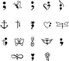 the different types of tattoos are shown in black and white, as well as symbols