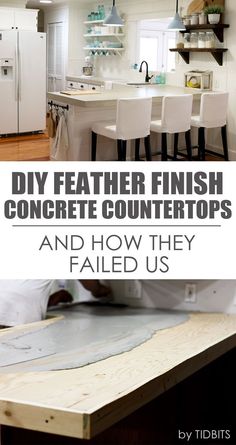 DIY Feather finish concrete countertops - and how they failed us. Feather Finish Concrete Countertops, Feather Finish Concrete, Concrete Counters, Kitchen Concrete, Diy Feather, Countertops Concrete, Kitchen Remodel Countertops, Concrete Countertops Kitchen, Diy Concrete Countertops