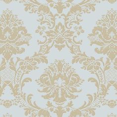 a blue and beige wallpaper with an ornate design