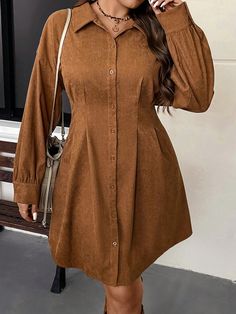 Plus Size Cinched Waist V-Neck Shirt Dress Casual Vintage Dress For Fall/Winter Brown Casual  Long Sleeve Woven Fabric Plain Shirt Non-Stretch  Women Plus Clothing, size features are:Bust: ,Length: ,Sleeve Length: Dress For Fall, Plain Shirt, Mini Robes, Vestidos Vintage, Shirt Dress Casual, Womens Long Sleeve Shirts, Vestido Casual, Brown Dress, Long Sleeve Shirt Dress